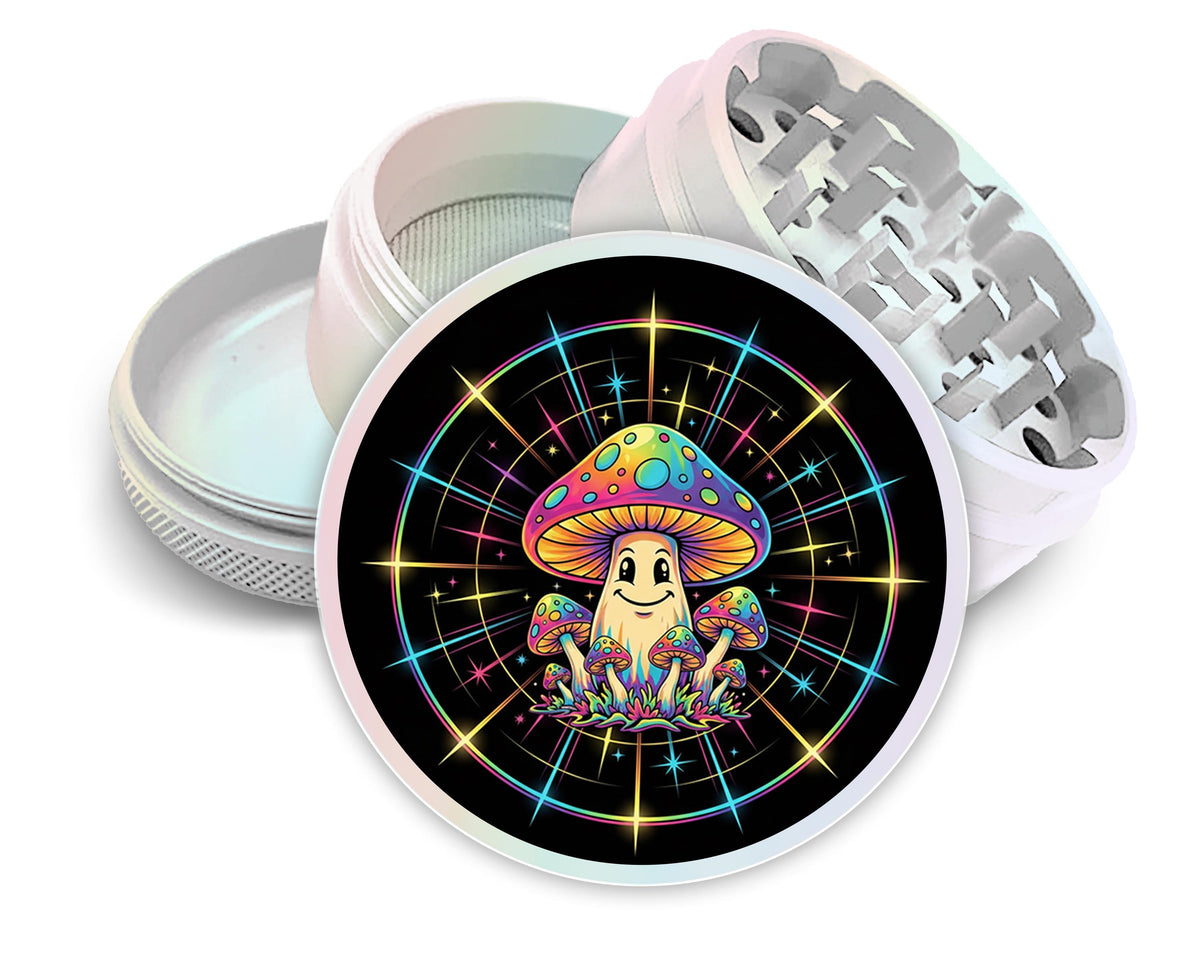 Rainbow mushroom character design on pearl white herb grinder with open product view