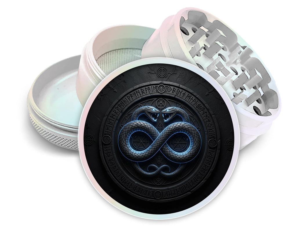 Infinity serpents rune circle design on pearl white herb grinder with open product view