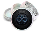 Infinity serpents rune circle design on pearl white herb grinder with open product view