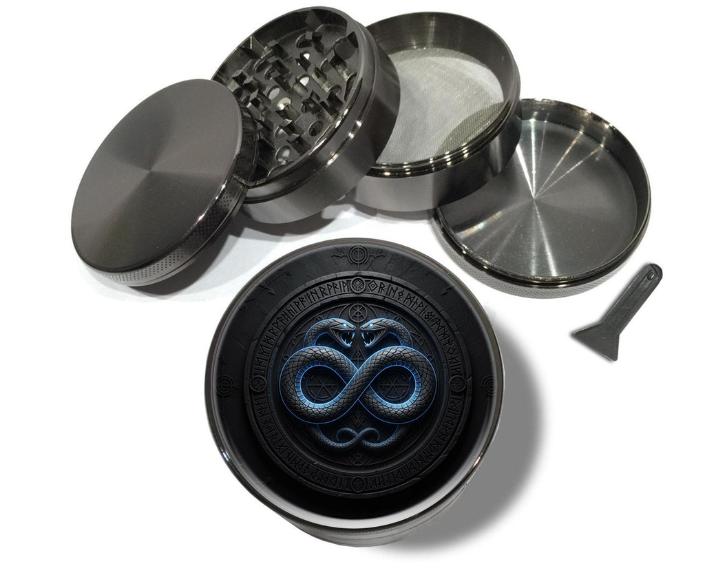 Infinity serpents rune circle design on grey herb grinder with open product view