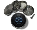 Infinity serpents rune circle design on grey herb grinder with open product view