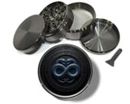 Infinity serpents rune circle design on grey herb grinder with open product view