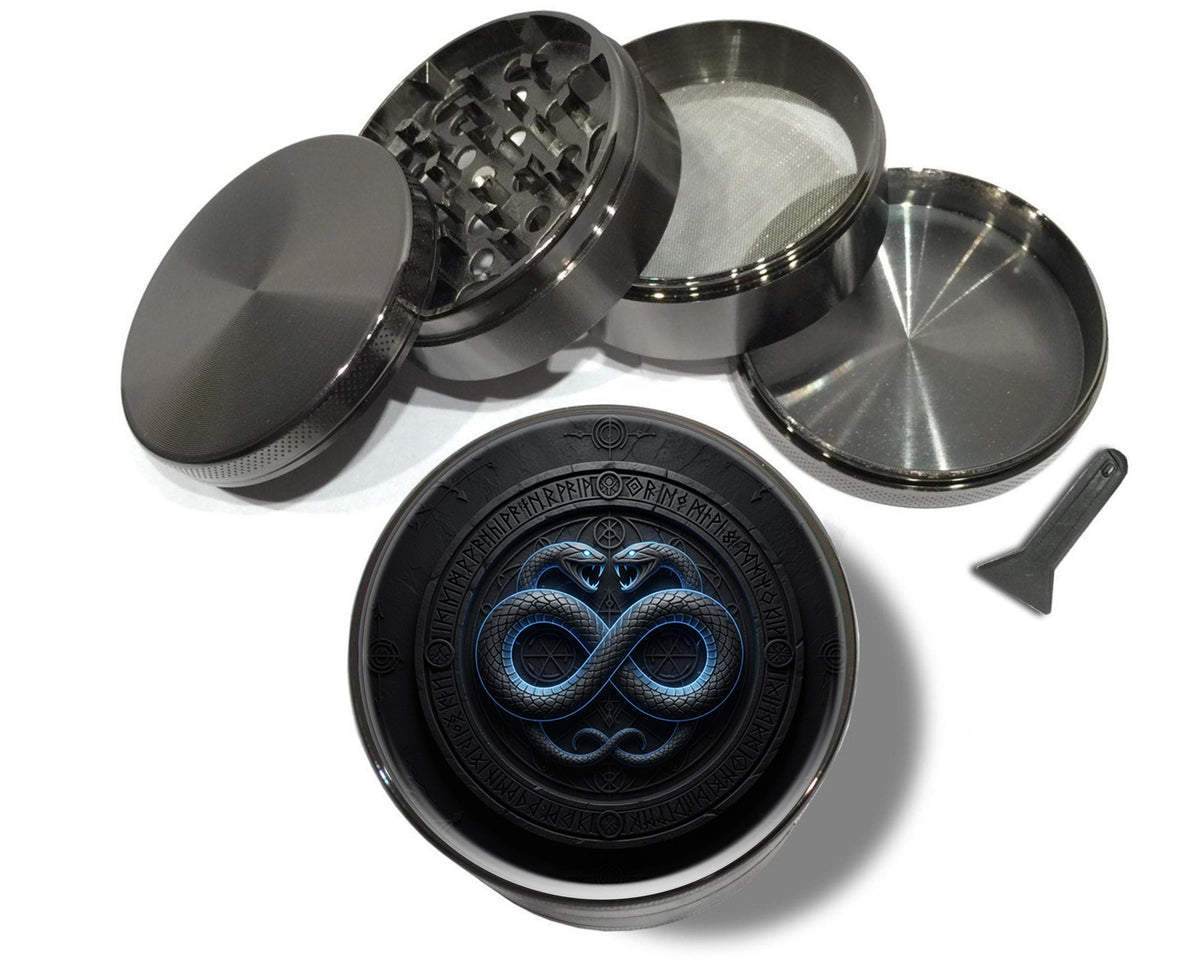 Infinity serpents rune circle design on grey herb grinder with open product view