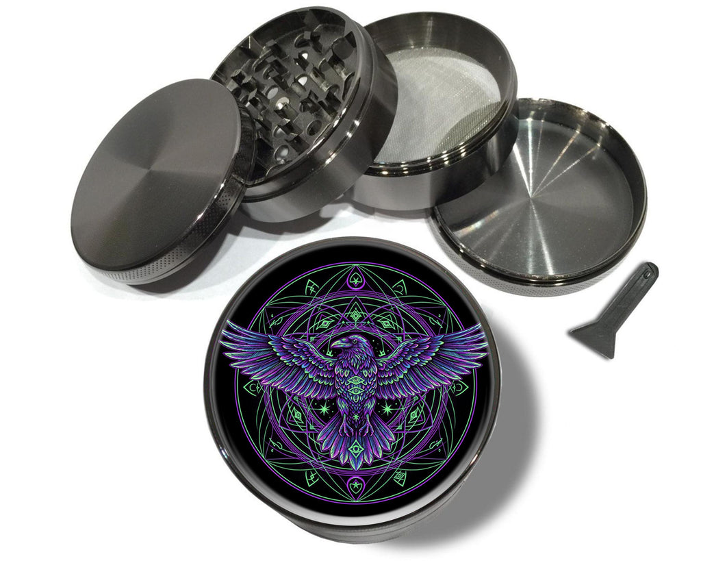 Purple raven sigil design on grey herb grinder with open product view