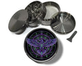 Purple raven sigil design on grey herb grinder with open product view