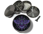 Purple raven sigil design on grey herb grinder with open product view