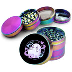 Pastel vaporwave ghost design on rainbow herb grinder with open product view