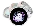 Pastel vaporwave ghost design on pearl white herb grinder with open product view