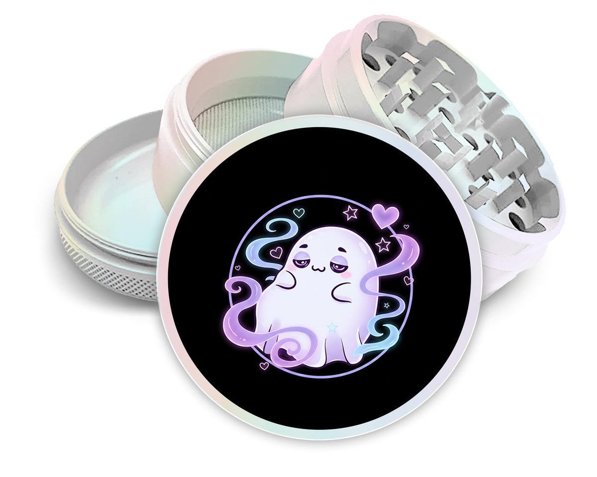 Pastel vaporwave ghost design on pearl white herb grinder with open product view