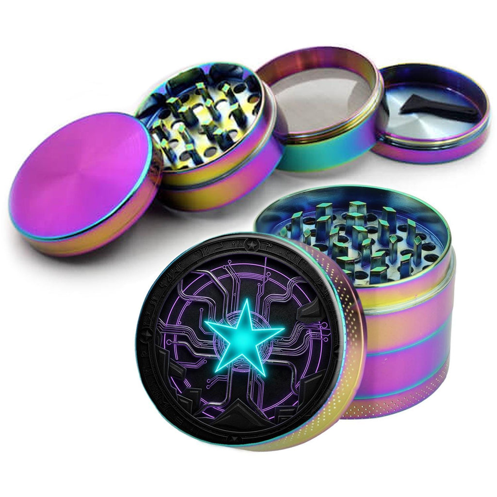 Neon techno star circuit design on rainbow herb grinder with open product view