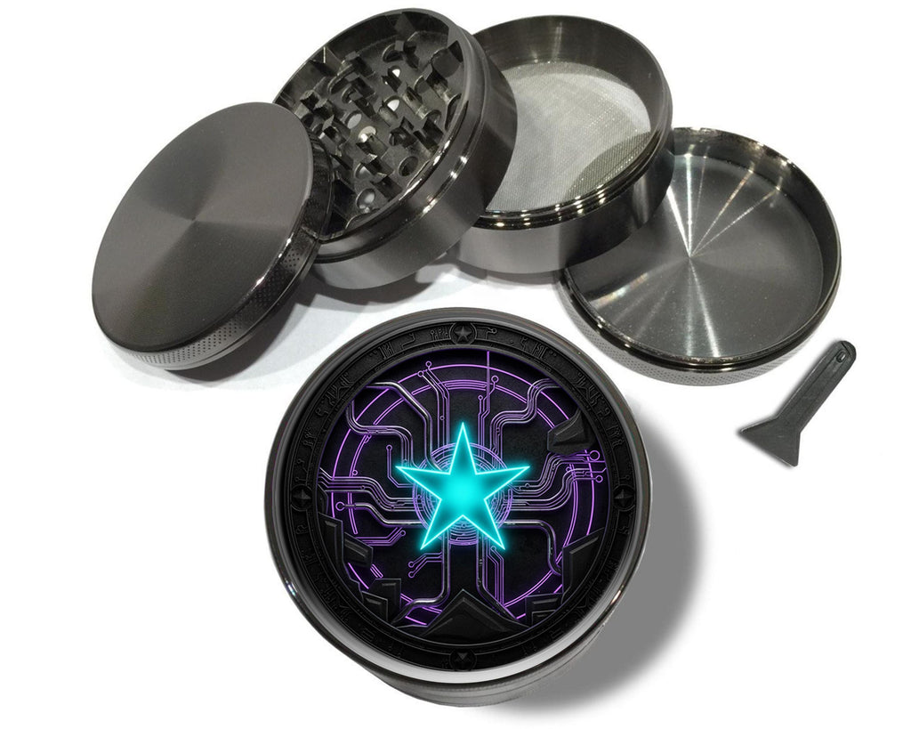 Neon techno star circuit design on grey herb grinder with open product view