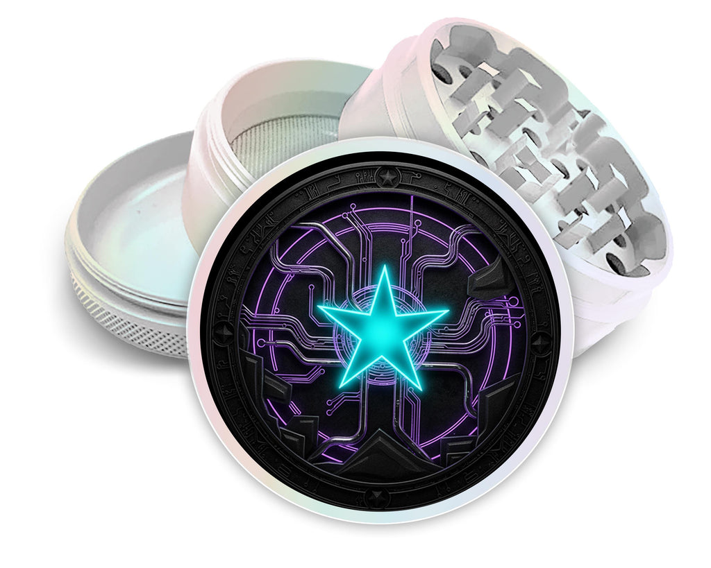 Neon techno star circuit design on pearl white herb grinder with open product view