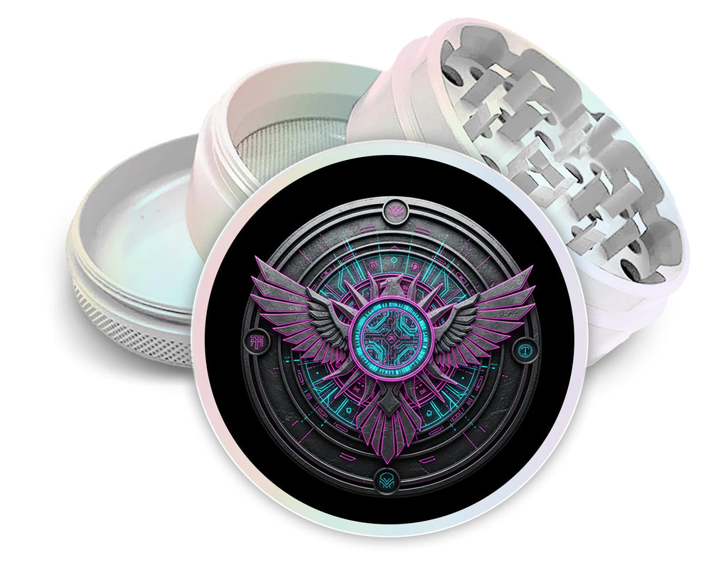 Winged circuit emblem design on pearl white herb grinder with open product view