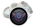 Winged circuit emblem design on pearl white herb grinder with open product view