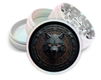 Runic wolf emblem design on pearl white herb grinder with open product view