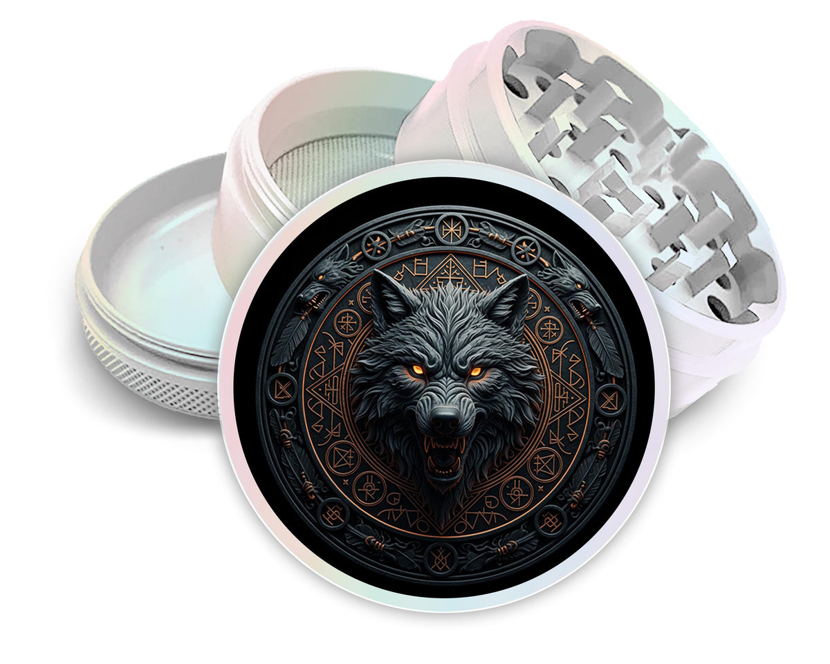 Runic wolf emblem design on pearl white herb grinder with open product view