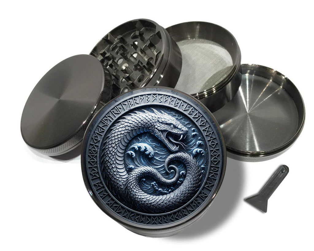 Oceanic ouroboros rune circle design on grey herb grinder with open product view