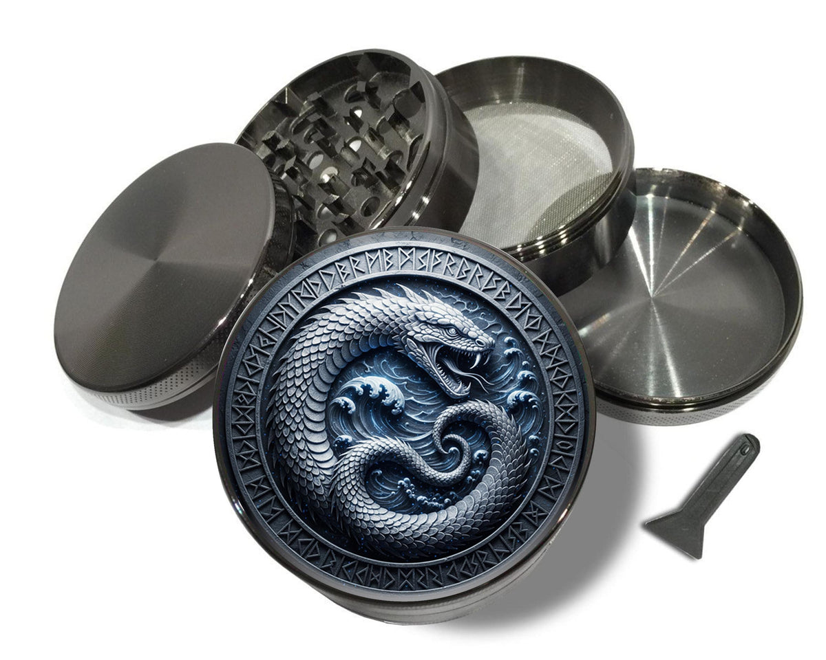 Oceanic ouroboros rune circle design on grey herb grinder with open product view