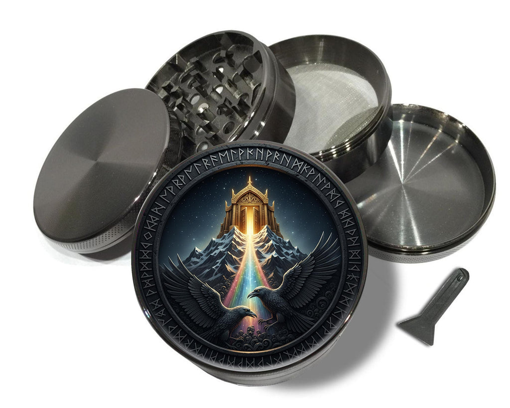 Valhalla ravens and rainbow path design on grey herb grinder with open product view