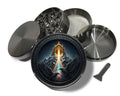 Valhalla ravens and rainbow path design on grey herb grinder with open product view