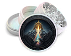 Valhalla ravens and rainbow path design on pearl white herb grinder with open product view