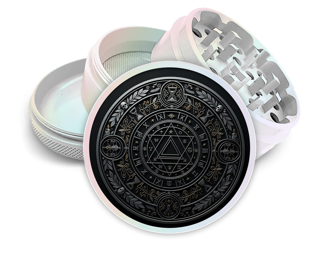 Occult timekeeper alchemy seal design on pearl white herb grinder with open product view