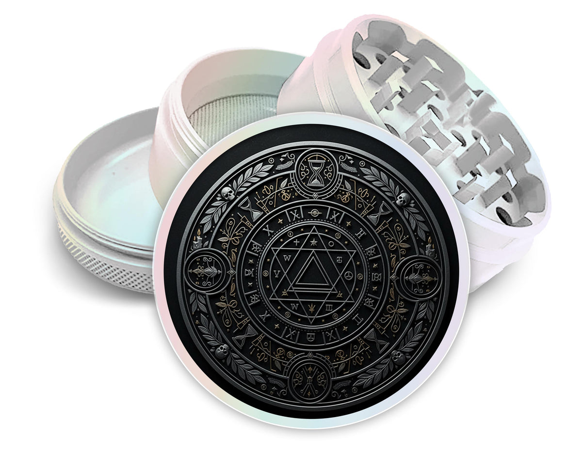 Occult timekeeper alchemy seal design on pearl white herb grinder with open product view