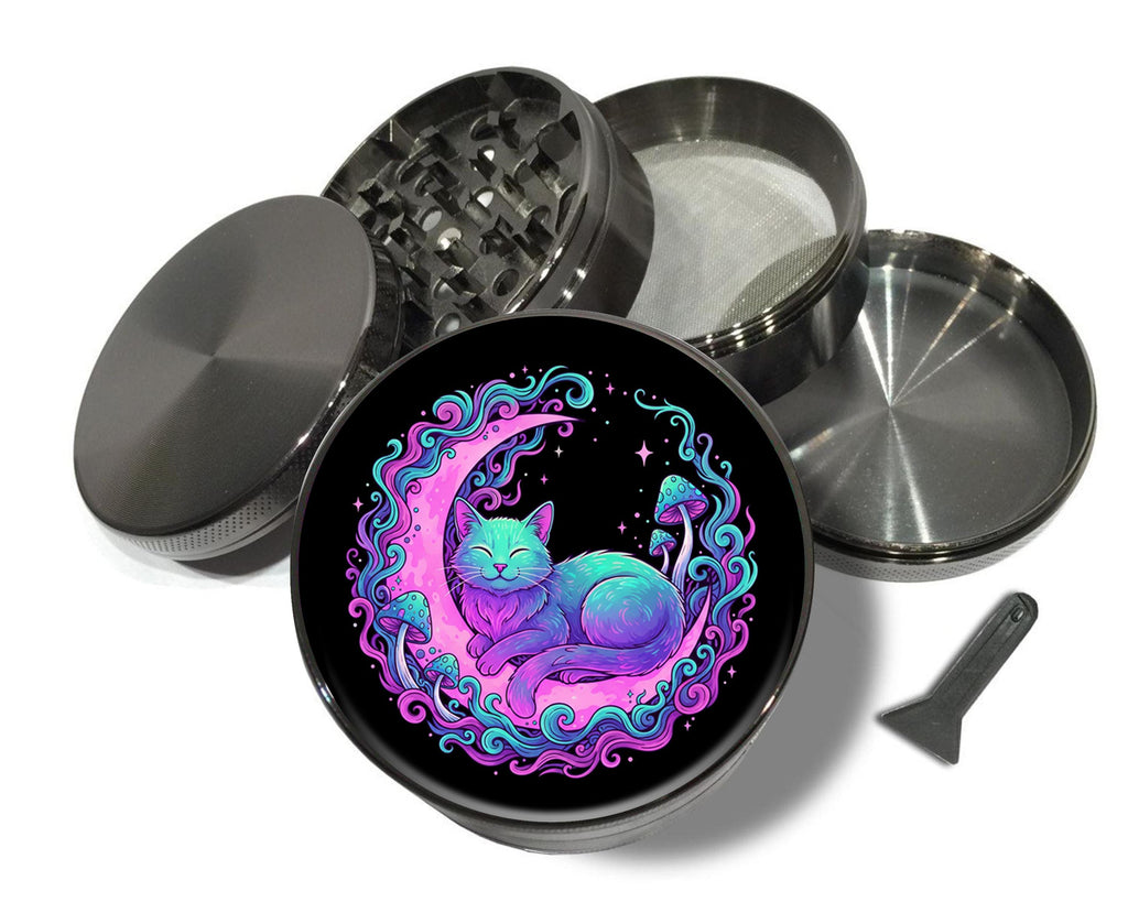 Colorful cat and moon artwork design on grey herb grinder with open product view