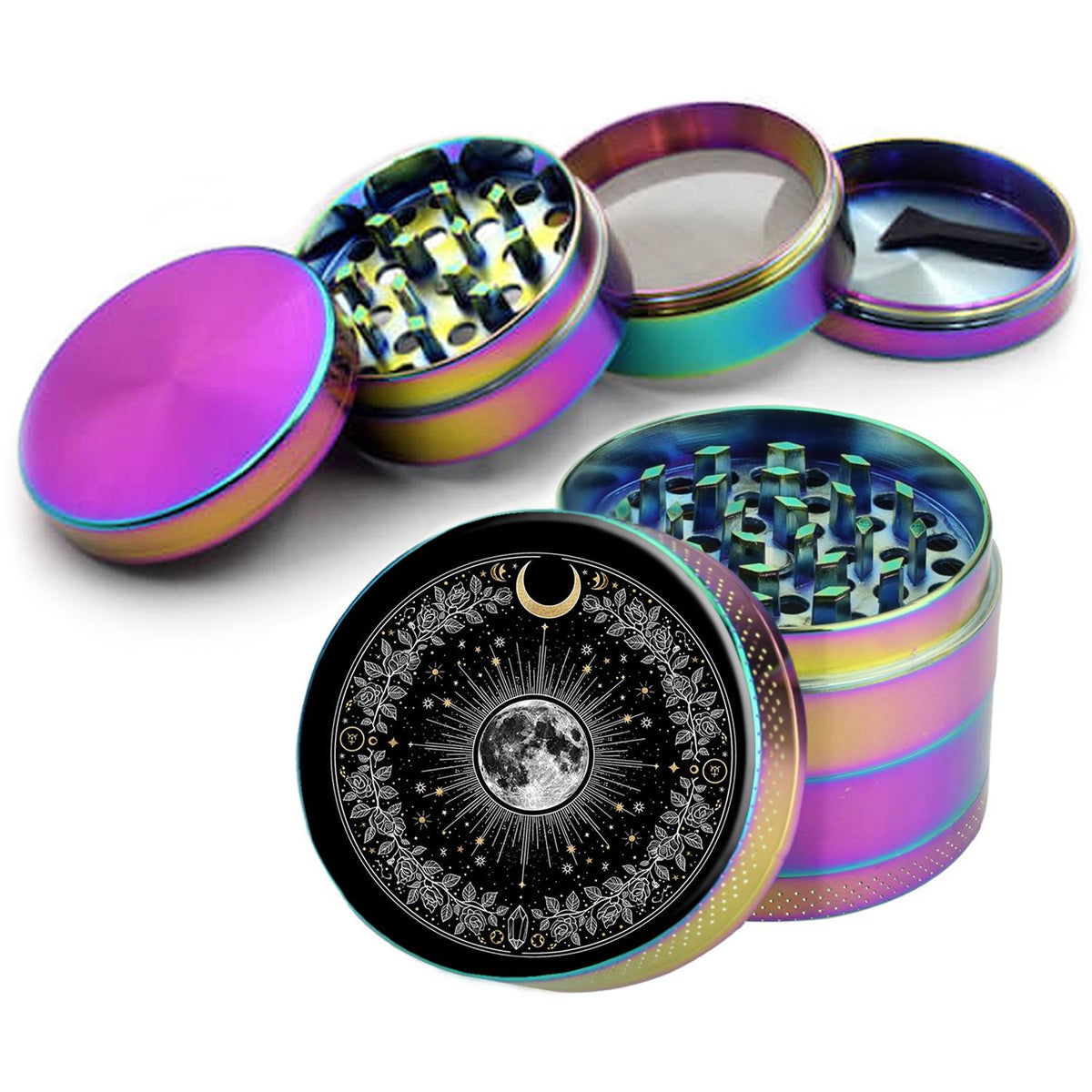 Lunar bloom celestial circle design on rainbow herb grinder with open product view