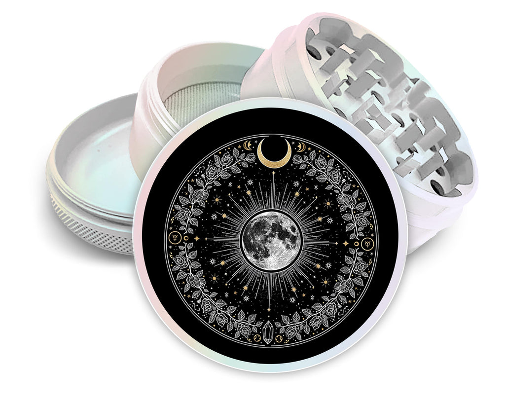 Lunar bloom celestial circle design on pearl white herb grinder with open product view