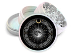 Lunar bloom celestial circle design on pearl white herb grinder with open product view