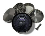 Arcane owl and geometric sigil design on grey herb grinder with open product view