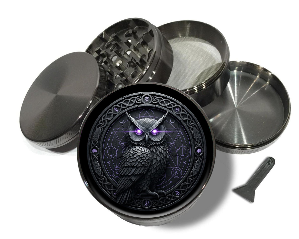 Arcane owl and geometric sigil design on grey herb grinder with open product view