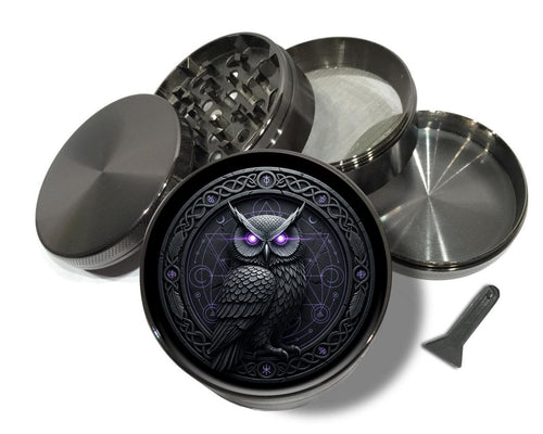 Arcane owl and geometric sigil design on grey herb grinder with open product view