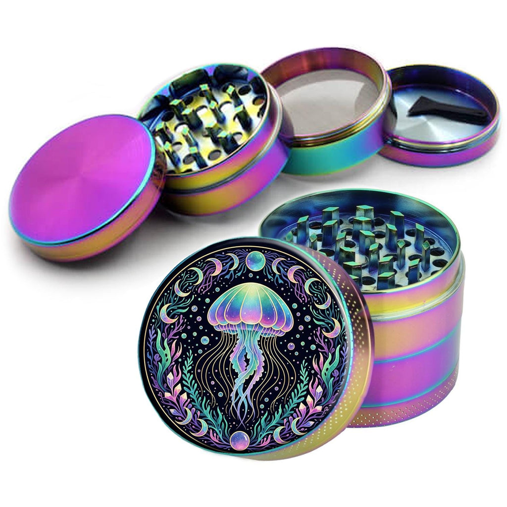 Neon jellyfish and moon phases design on rainbow herb grinder with open product view