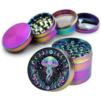 Neon jellyfish and moon phases design on rainbow herb grinder with open product view