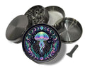 Neon jellyfish and moon phases design on grey herb grinder with open product view