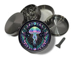 Neon jellyfish and moon phases design on grey herb grinder with open product view