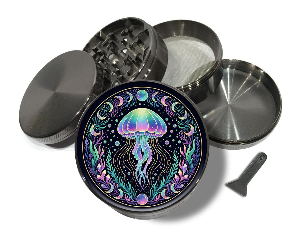Neon jellyfish and moon phases design on grey herb grinder with open product view