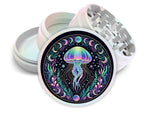Neon jellyfish and moon phases design on pearl white herb grinder with open product view