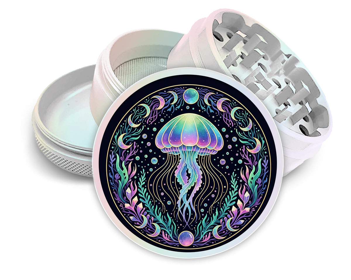 Neon jellyfish and moon phases design on pearl white herb grinder with open product view