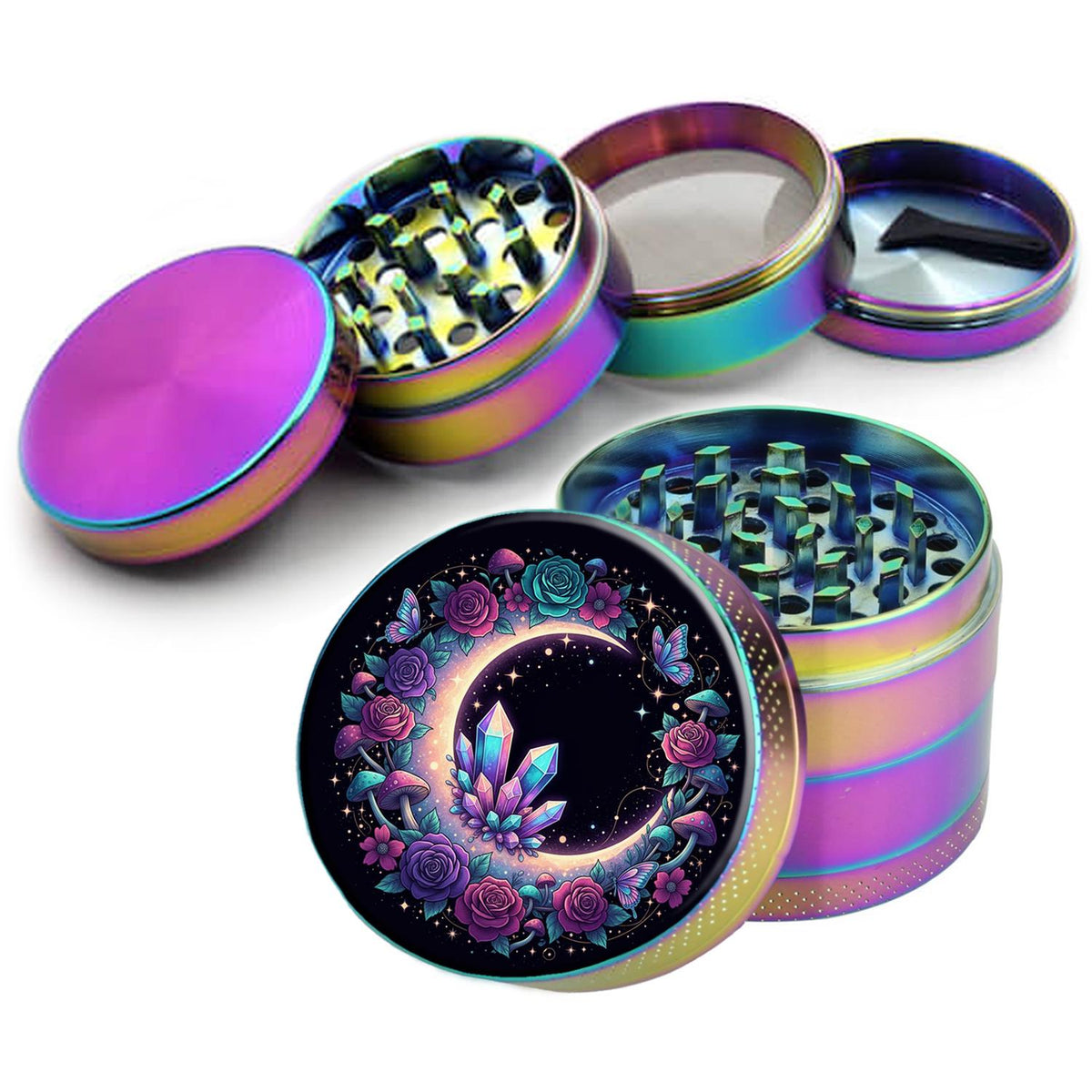 Floral Crescent Crystal Garden Herb Grinder - rainbow open product view