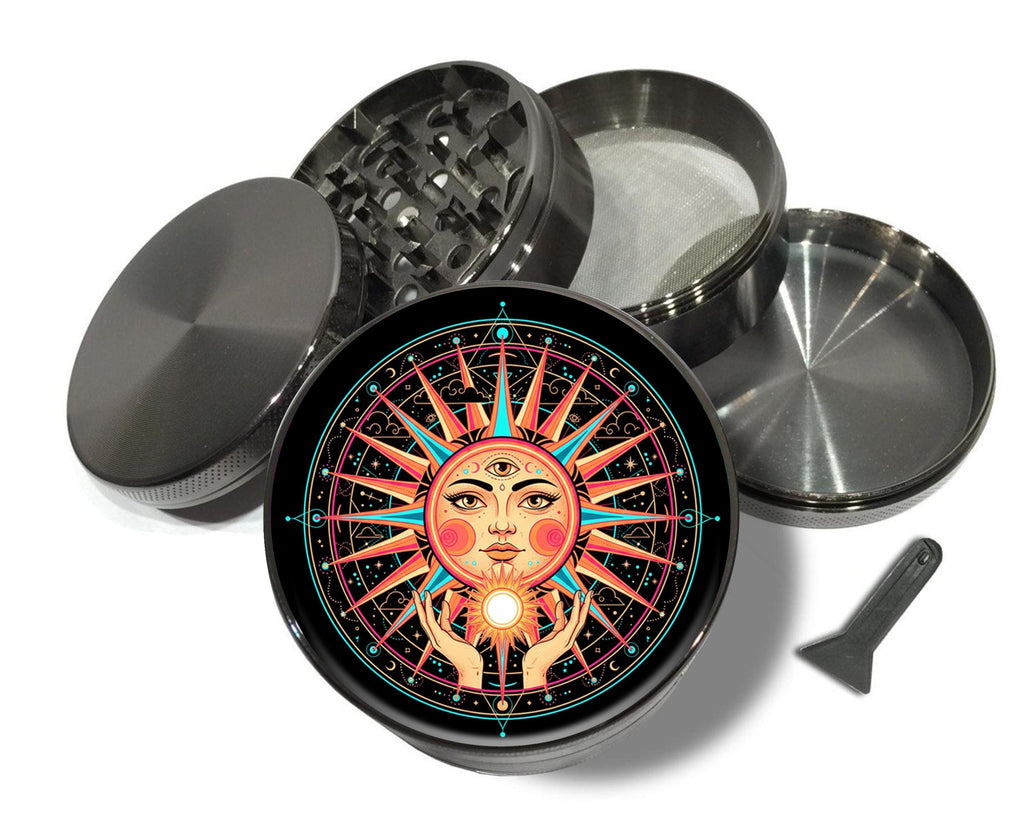 Solar face and third-eye motif design on grey herb grinder with open product view