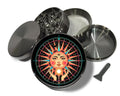 Solar face and third-eye motif design on grey herb grinder with open product view