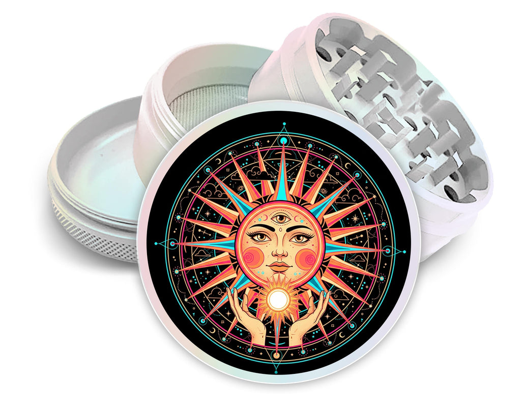 Solar face and third-eye motif design on pearl white herb grinder with open product view