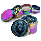 Lunar wolf sigil design on rainbow herb grinder with open product view