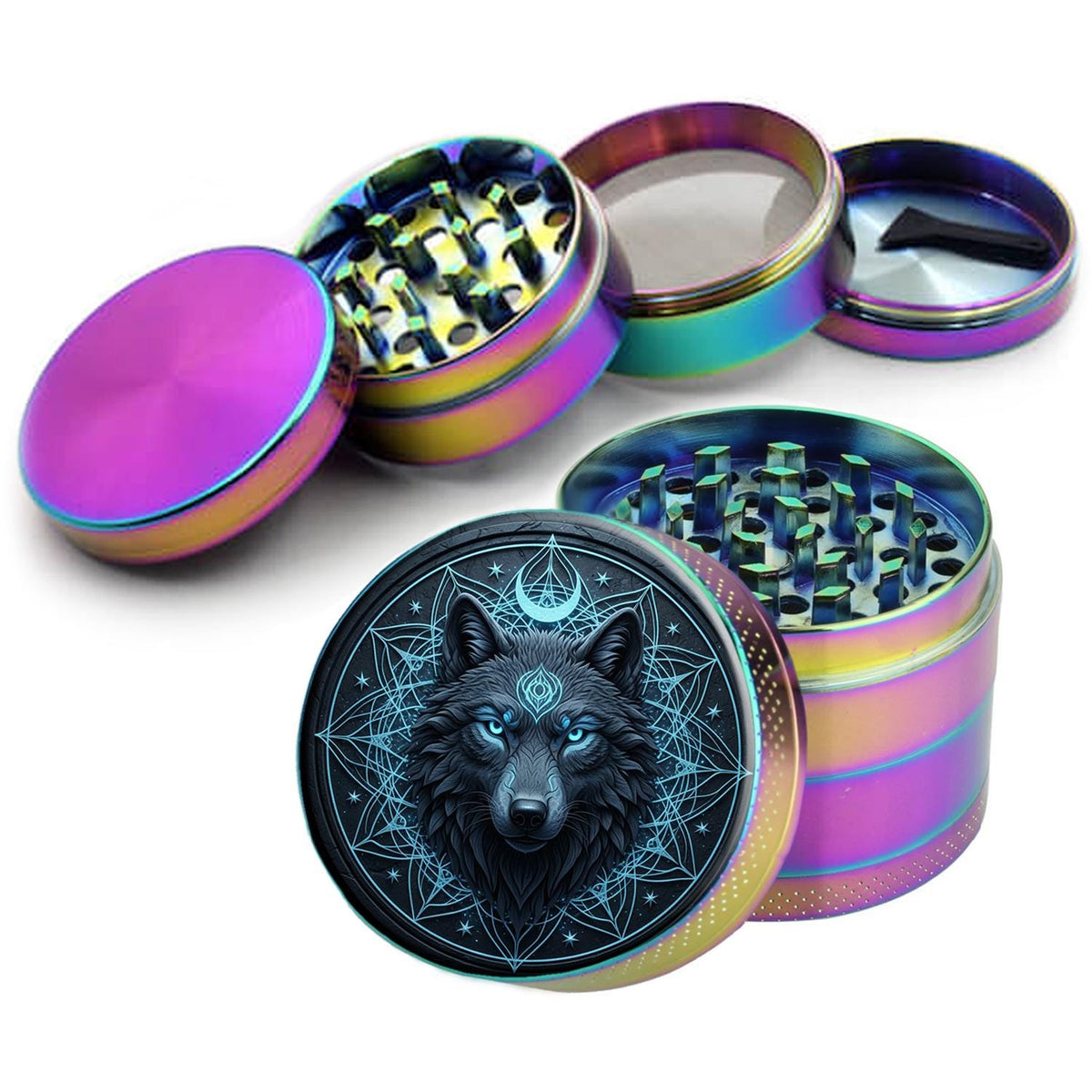 Lunar wolf sigil design on rainbow herb grinder with open product view