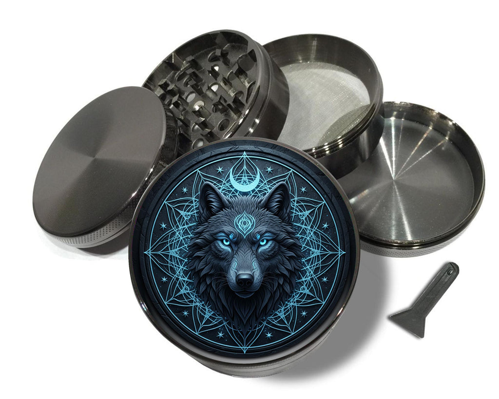 Lunar wolf sigil design on grey herb grinder with open product view