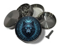 Lunar wolf sigil design on grey herb grinder with open product view