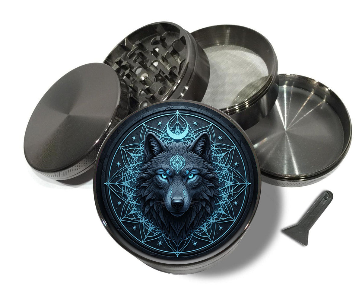 Lunar wolf sigil design on grey herb grinder with open product view